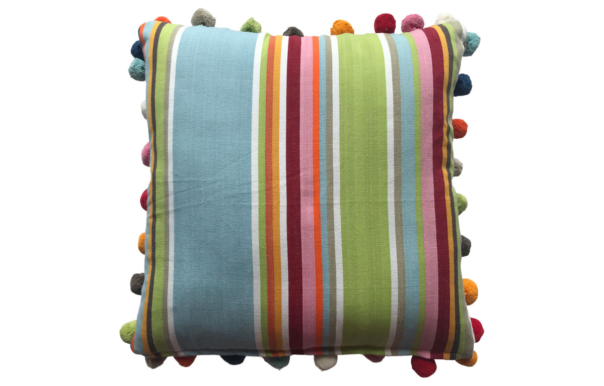 Duck Egg Blue, Beige, Light Green Striped Pompom Cushions