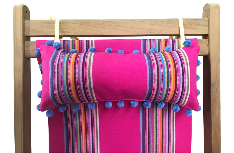 Bright Pink With Rainbow Stripes Deckchair Headrest Cushions | Tie on Pompom Headrest Pillow