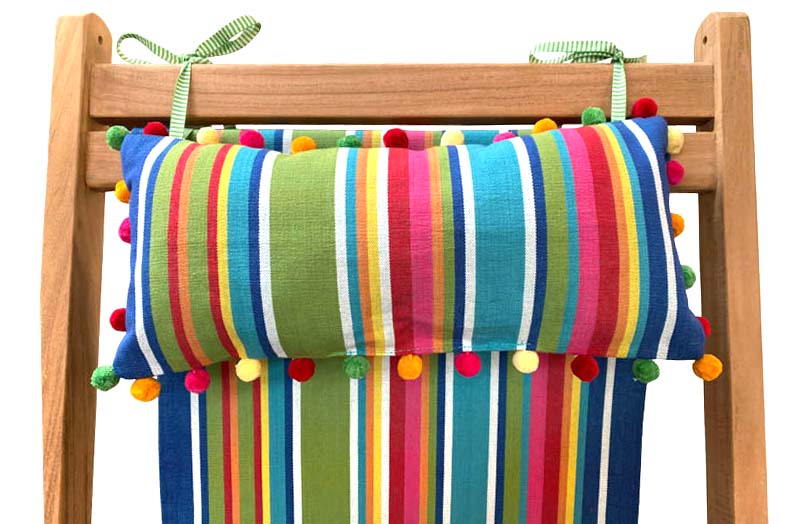 Colourful Deckchair Headrest Cushion | Tie on Pompom Headrest Pillow blue, green, red 