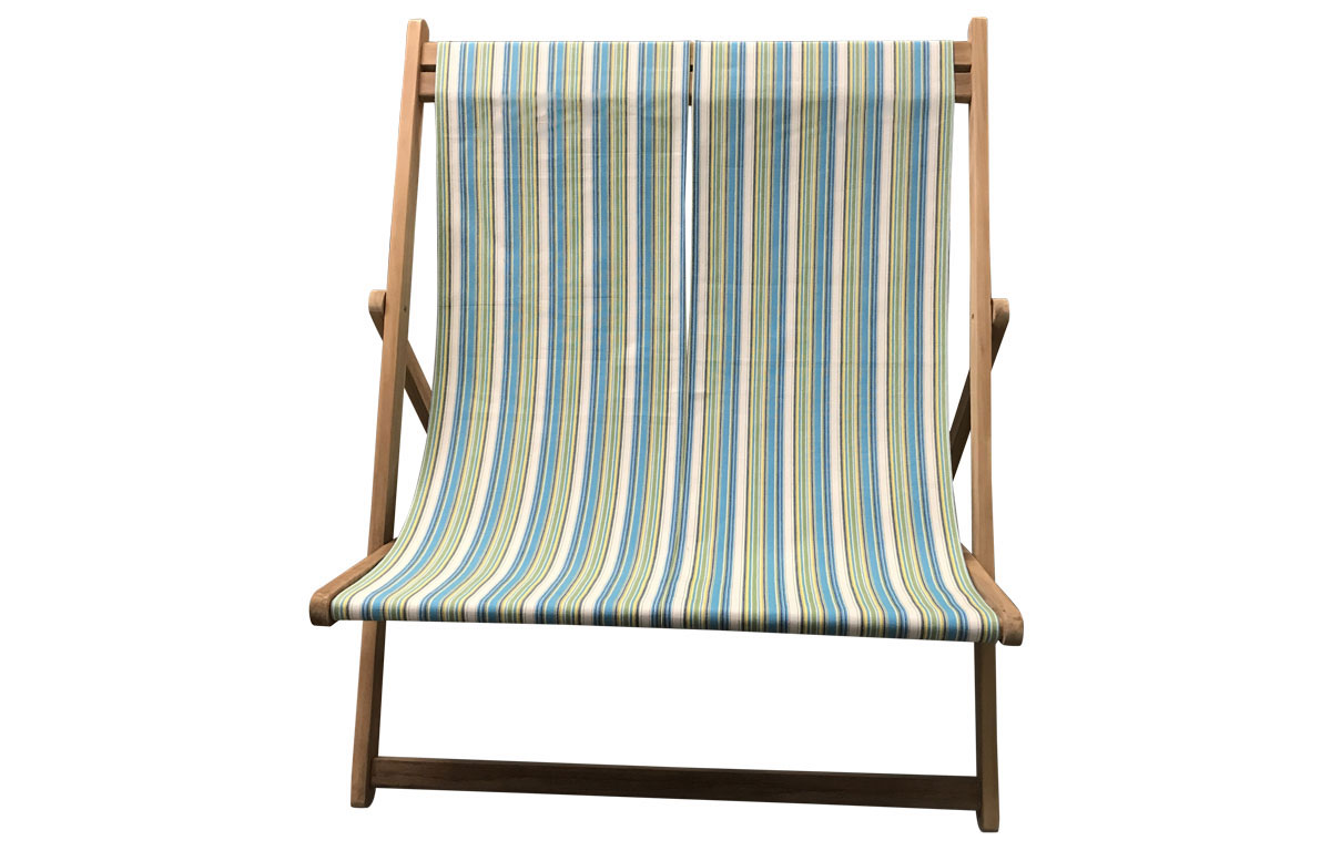 Teak Double Deckchair with 2 turquoise, green, white & navy stripe slings