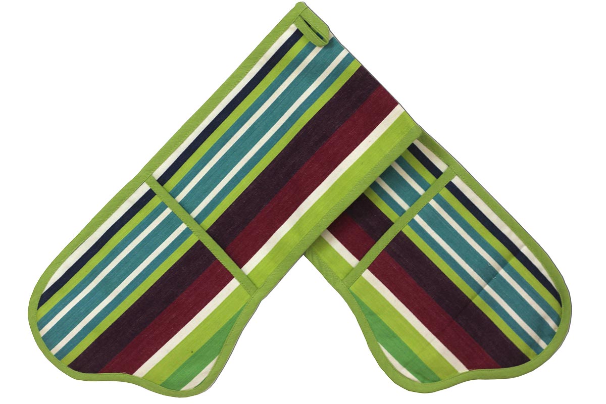 Navy Green Striped Oven Gloves | Double Oven Mitts Tug O War Stripes