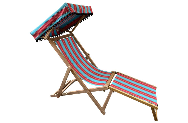 Light Blue and Red Striped Edwardian Deckchairs with Canopy and Footstool