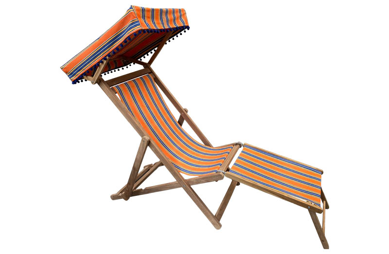 Orange and Blue Stripe Edwardian Deckchairs with Canopy and Footstool