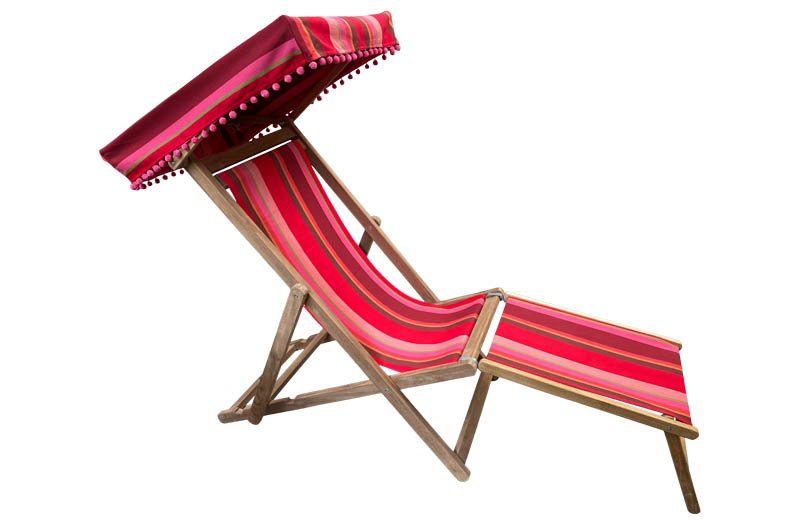 Red, Pink, Green Stripe Edwardian Deckchair with Canopy and Footstool