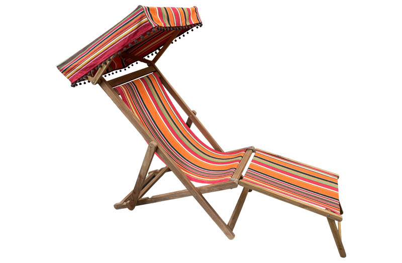Retro Orange Vintage Style Wooden Deckchair with Canopy and Footstool