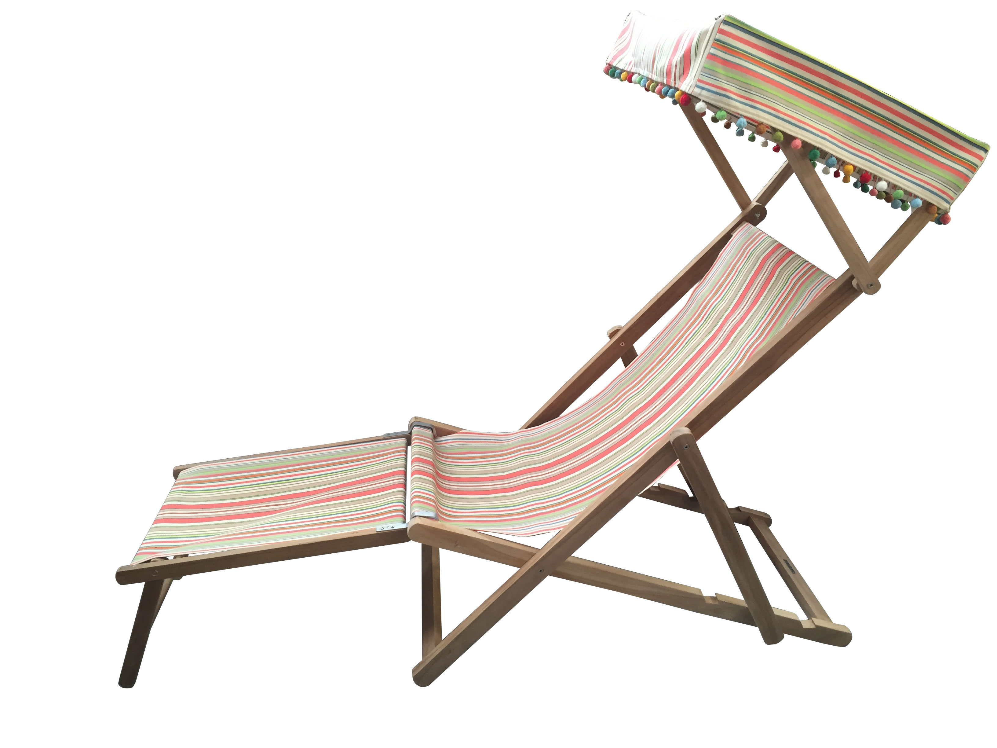 Canopied Edwardian Teak Deckchair with Canopy and Footstool coral, sand, cream   