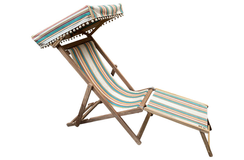 Edwardian Deckchair with Canopy and Footstool beige, jade green, red stripes 