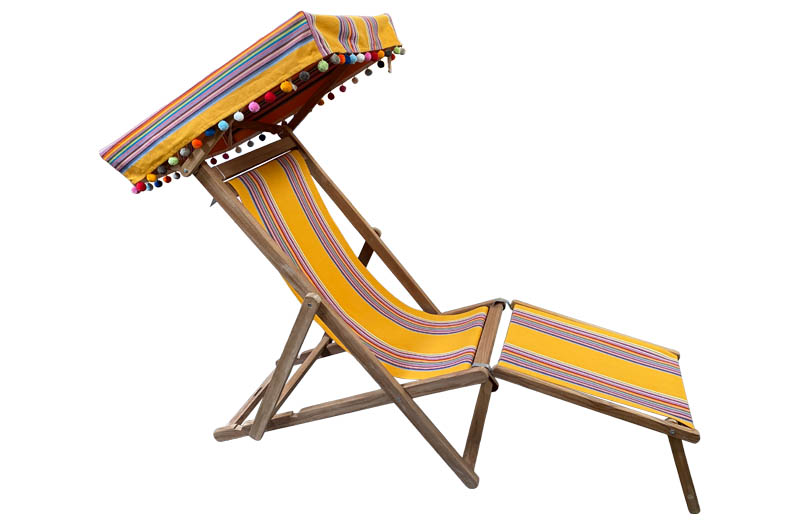 Yellow and Rainbow stripe Edwardian Deckchairs with Canopy and Footstool