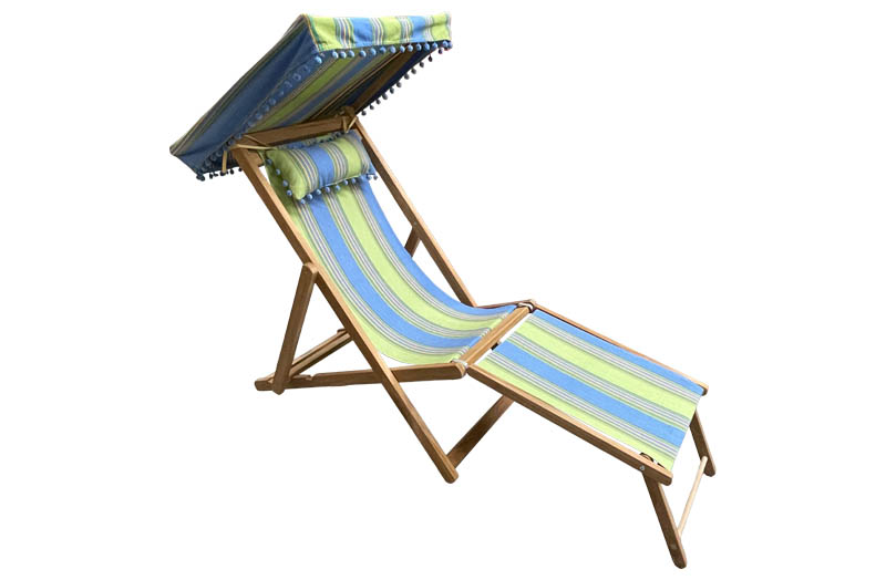 Sky Blue, Lime Green, Yellow Stripe Edwardian Deckchairs with Canopy and Footstool