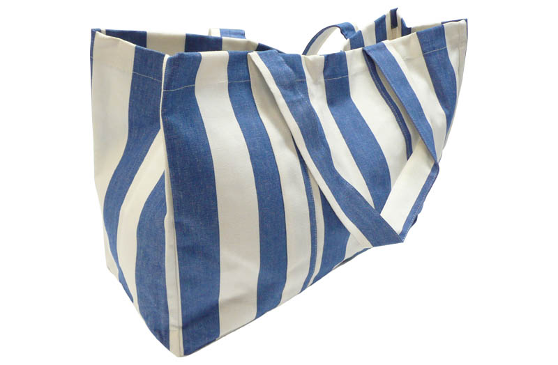 blue and white striped beach bag