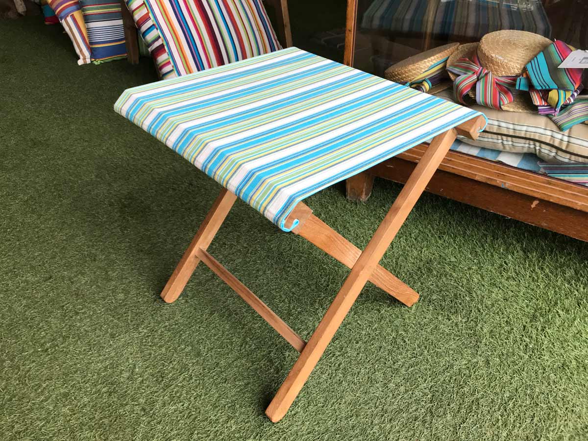 Portable Folding Stool with turquoise, green, white stripe seat 