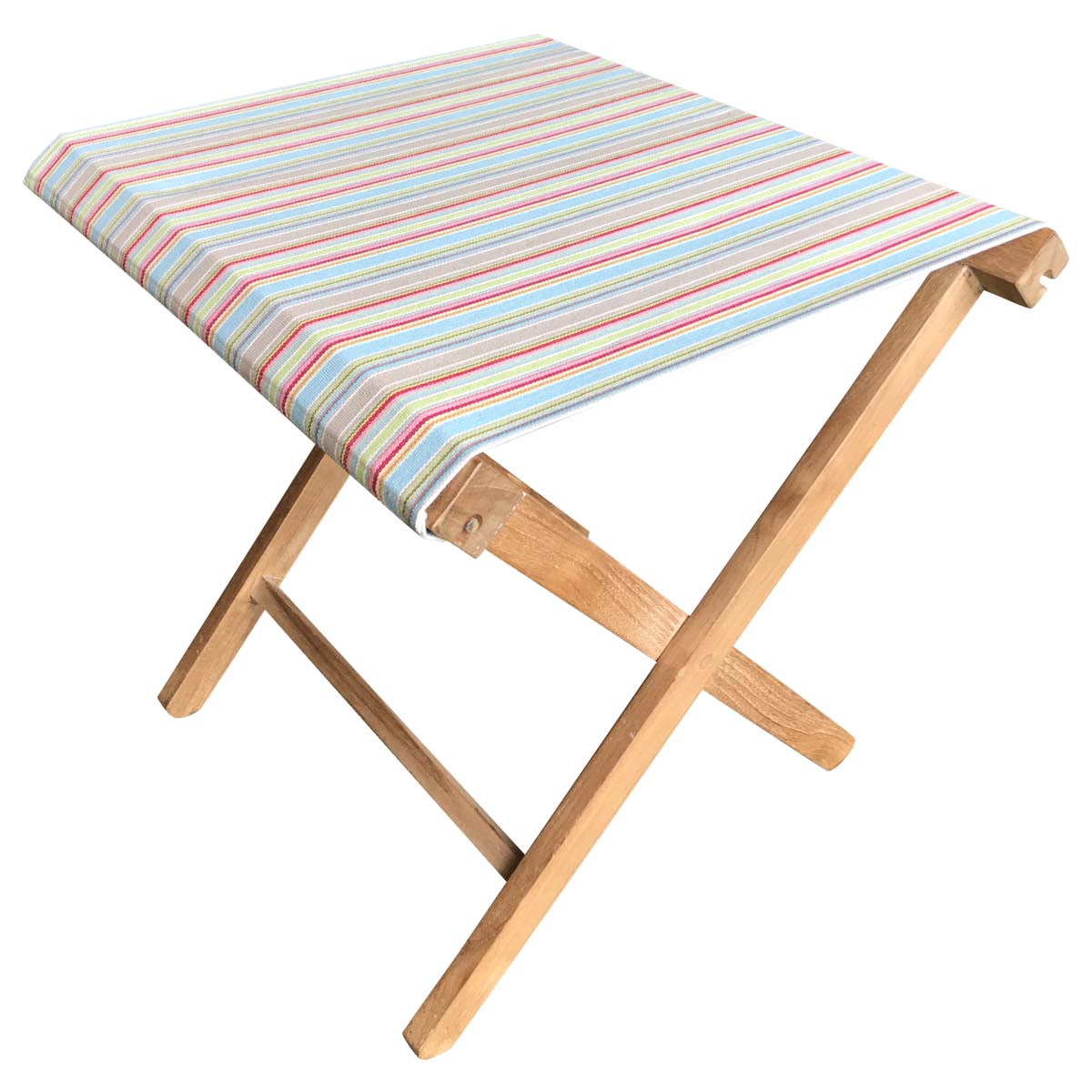 Portable Folding Stools with duck egg blue, beige, light green striped seat  