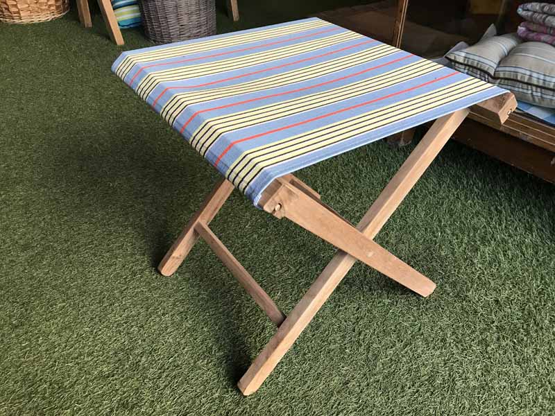 Folding Wooden Stool with light blue, lemon yellow and black stripe canvas seat