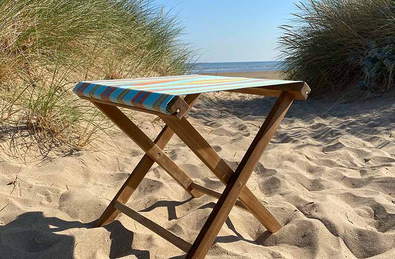 Folding Portable Wooden Stool with Turquoise Stripe Canvas Seat