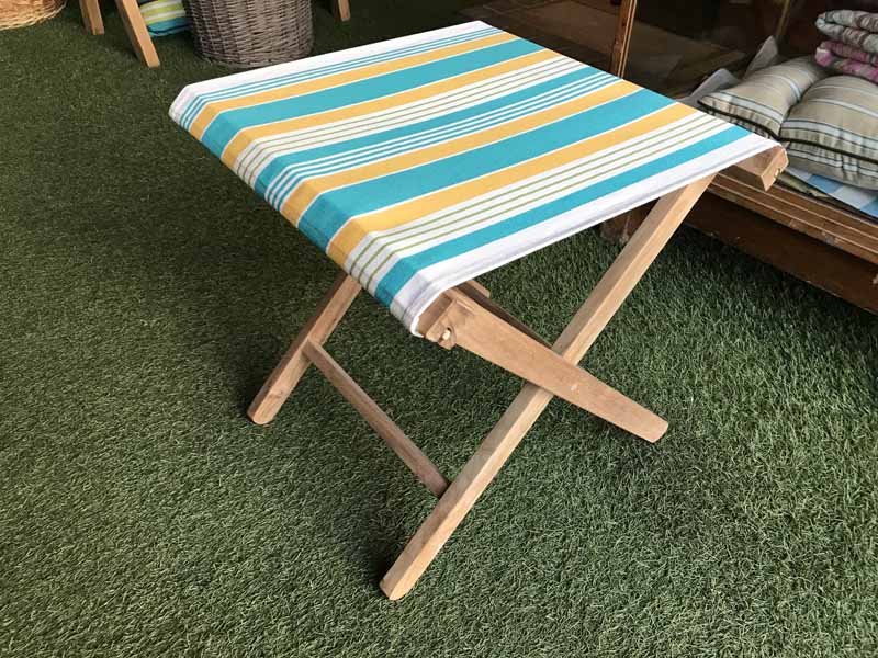 Wooden Folding Stool with White,Turquoise,Yellow Striped Seat