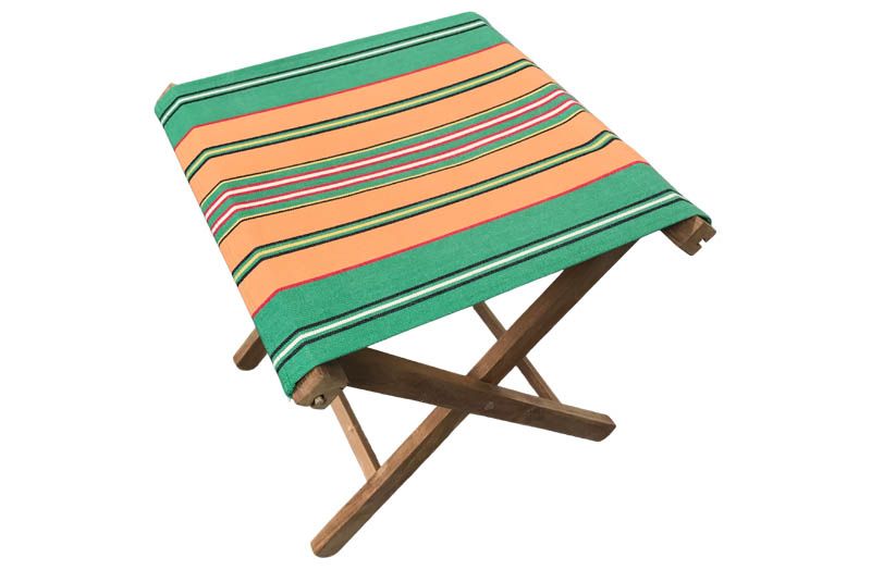 Portable Folding Stools with Vintage Green Striped Seat
