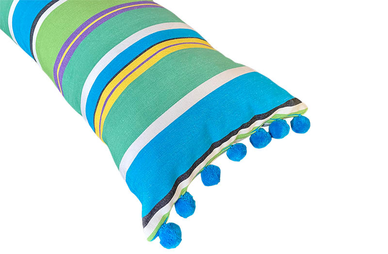 green, turquoise, white - Striped Oblong Cushions with Bobble Fringe 