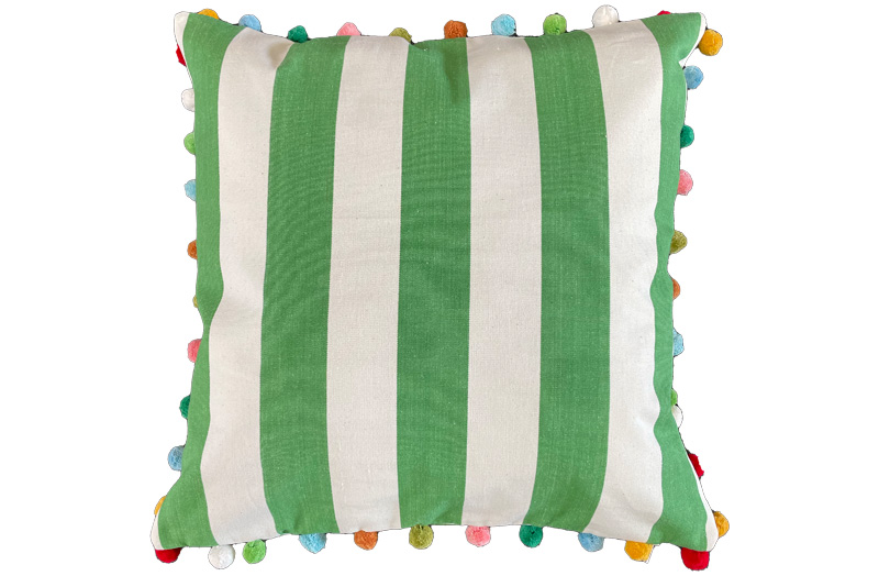 Green and White Striped Pompom Cushions