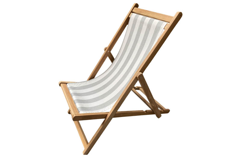 Teak Deck Chairs with Pale Grey and White Stripe Water Resistant Covers