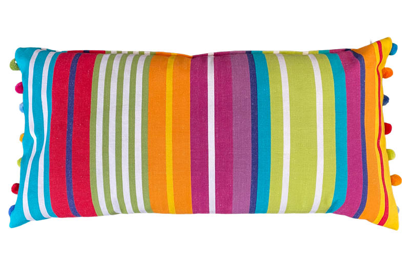 Turquoise Striped Oblong Cushions with Bobble Fringe - Aerobics Stripe