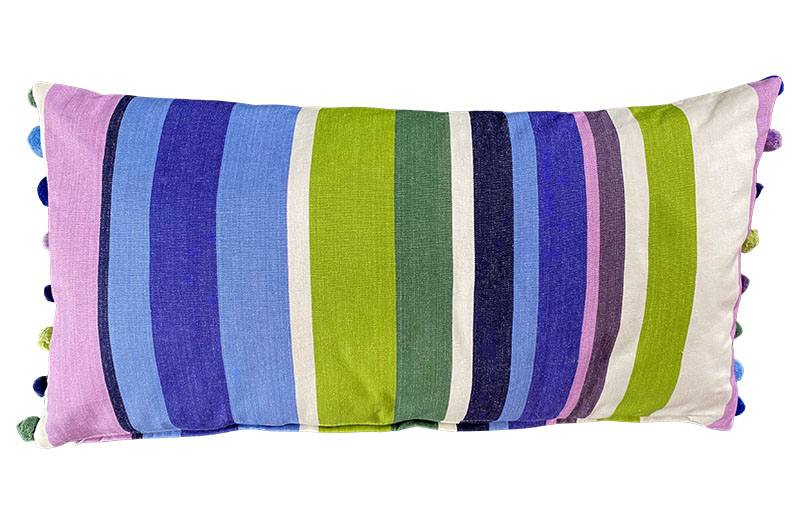 Green, White, Blue, Purple Striped Oblong Cushions with Pompom Fringe