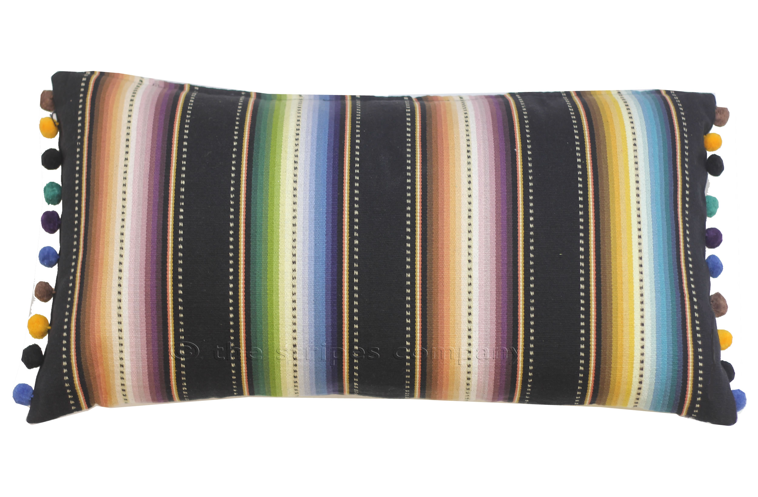 Black Turquoise White  Striped Oblong Cushions with Bobble Fringe  Sack Race Stripes