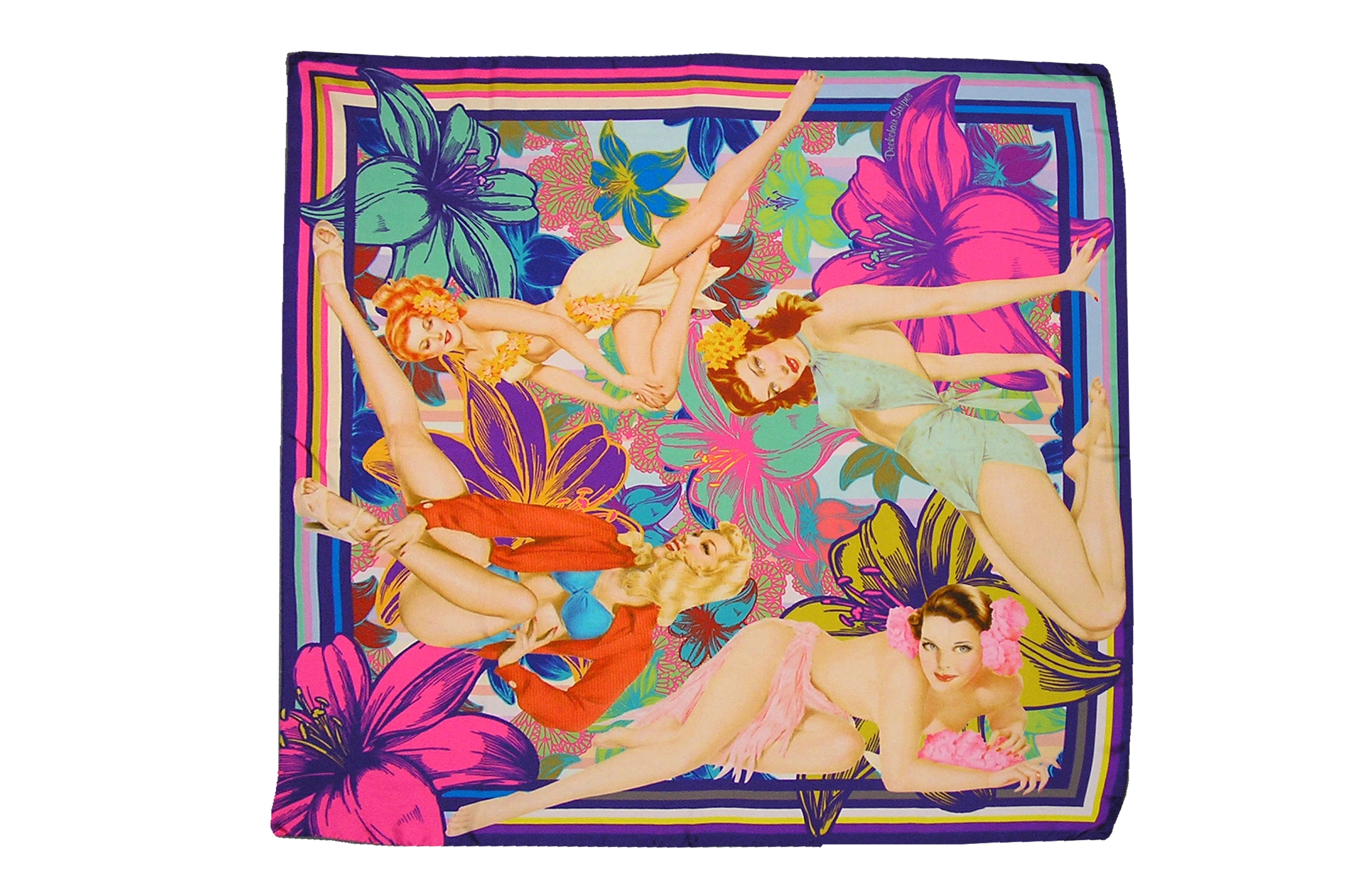 Italian Silk Scarves with Vintage Flower Girls Design with Bold Stripe Border