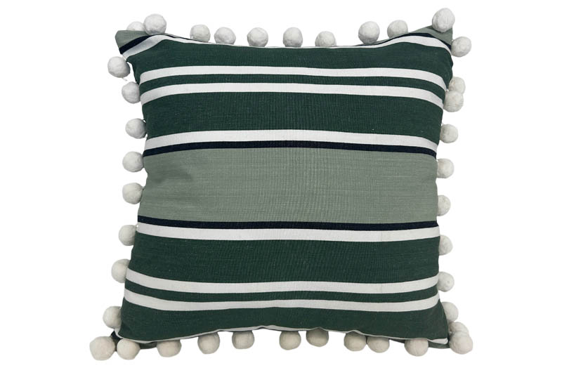 Dark Green, Light Green, White Stripe Pompom Cushions