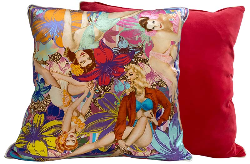 Large Silk and Coral Red Velvet Cushion with Vintage Pin Up Girls Design