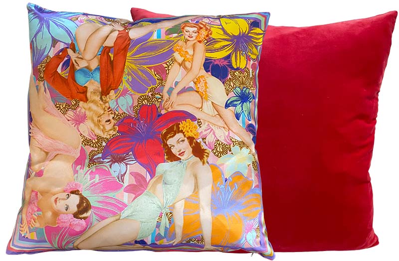 Large Silk and Red Velvet Cushion with Vintage Pinup Girls Design