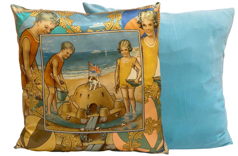 Large Silk and Aqua Velvet Cushion with Vintage Sandcastle Beach Scene Design