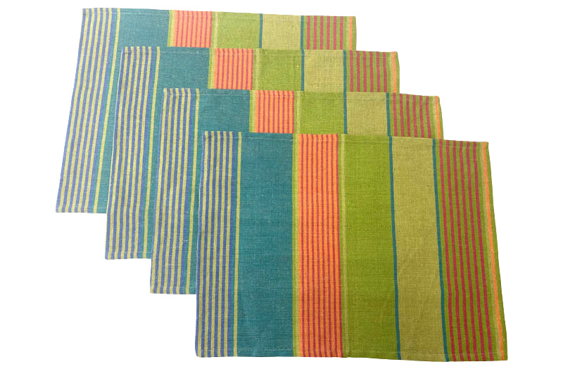 Green, Blue, Terracotta Stripe Linen Place Mats set of 4