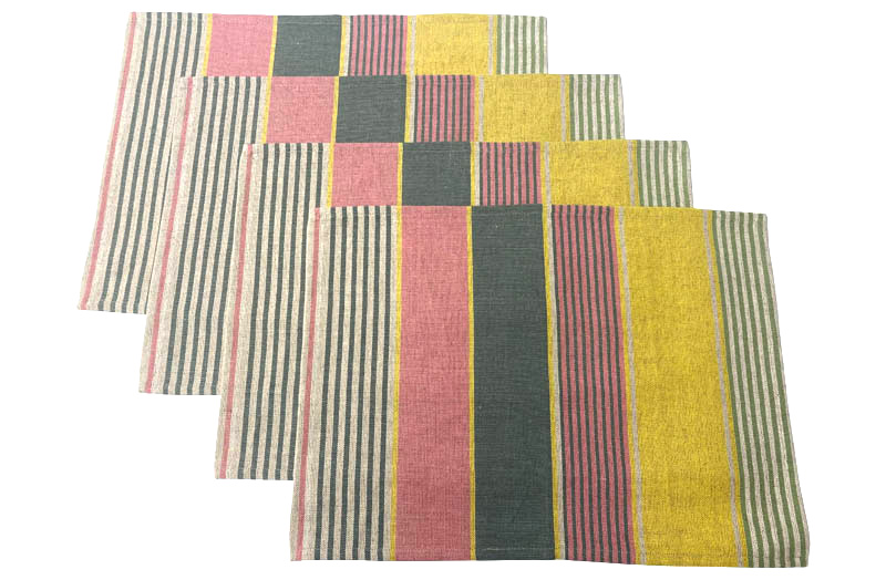 Yellow, Salmon Pink, Sage Green Striped Linen Place Mats