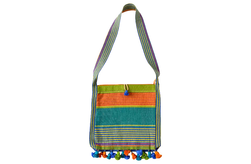 Green, Blue, Terracotta Stripe Linen Shoulder Bags with Tassels