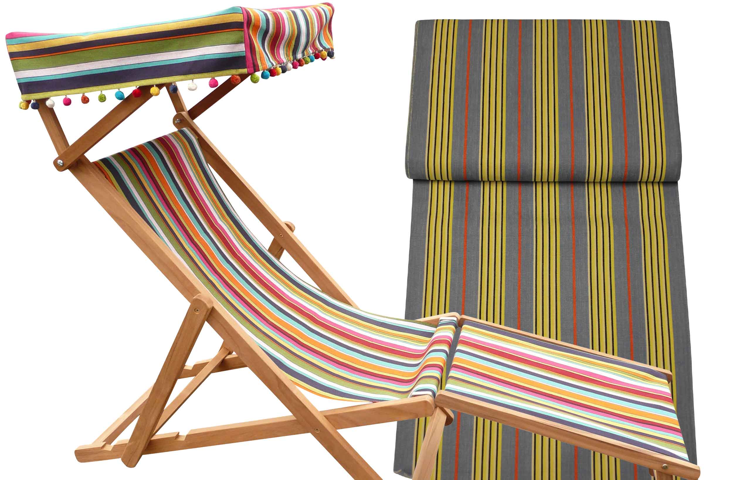 Edwardian Deckchairs with Canopy and Footstool sky blue, lemon, black   