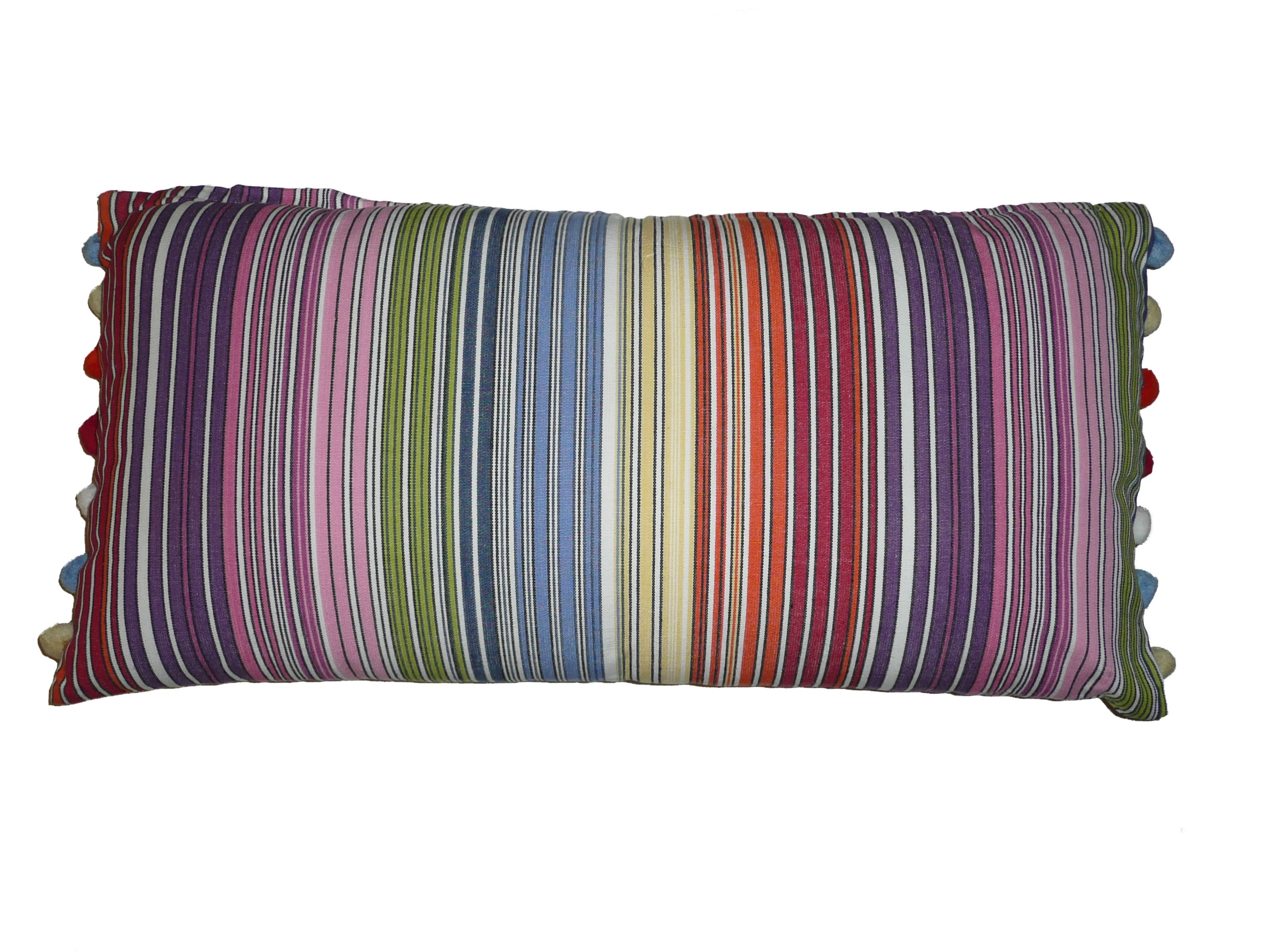 Narrow Rainbow Multi Stripe Striped Oblong Cushions with Bobble Fringe  Rhumba Stripes