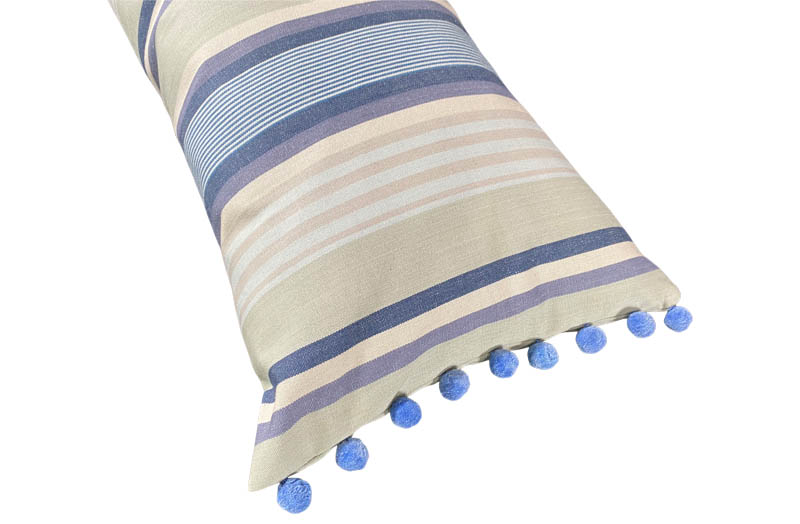 Rectangular pale green, denim, cream, navy and duck egg blue striped cushion