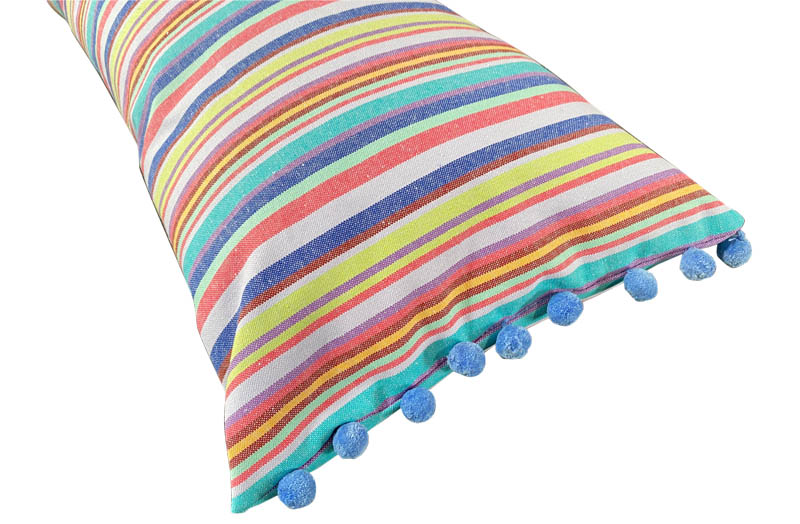 Turquoise, Lavender, Blue Striped Oblong Cushions with Bobble Fringe