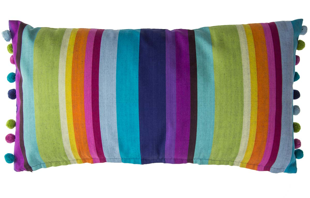 Striped Oblong Cushions with Bobble Fringe  bright rainbow stripe   