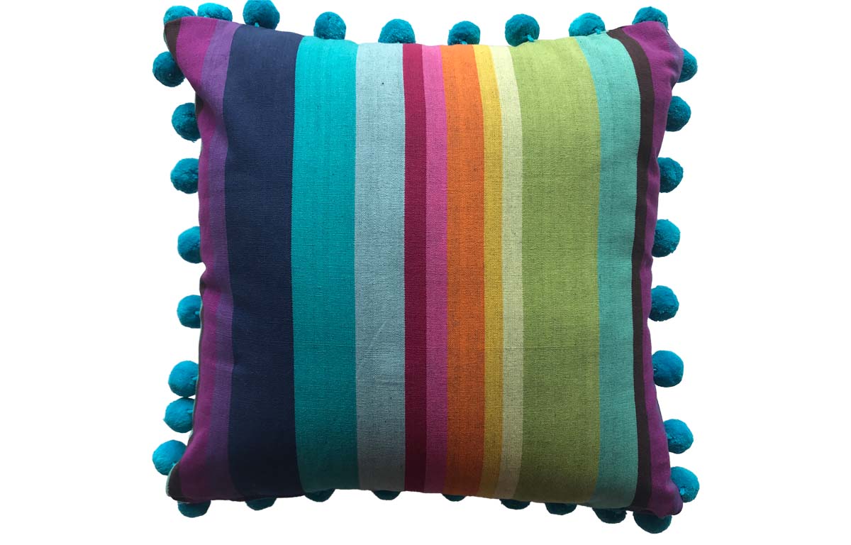 Bright rainbow stripe - Striped Pompom Cushions