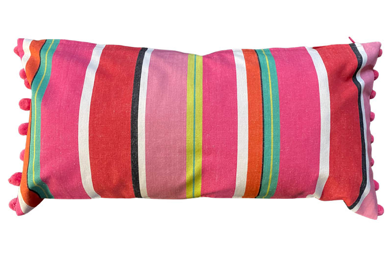 Watermelon Red, Pink, Green Striped Oblong Cushions with Bobble Fringe