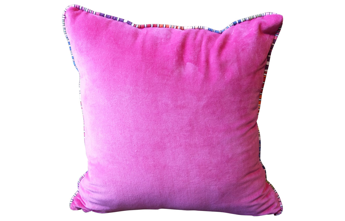 striped piped pink velvet cushion