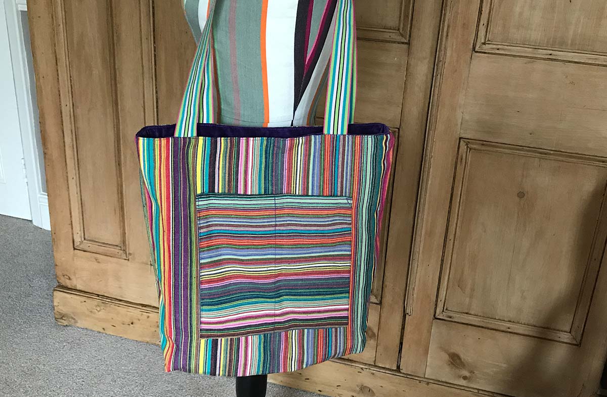 striped reversible purple velvet tote bag