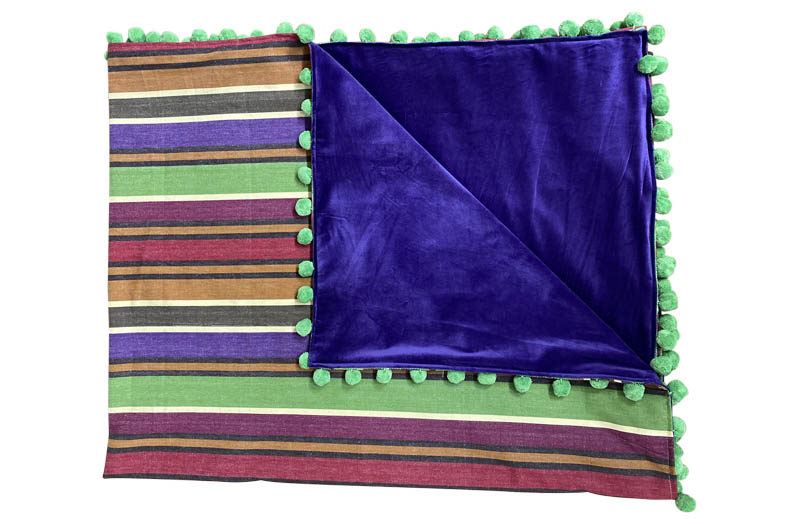 Green, Caramel, Beige, Purple Pom Pom Throws - Reversible Striped Velvet Throws Trimmed with Pompoms