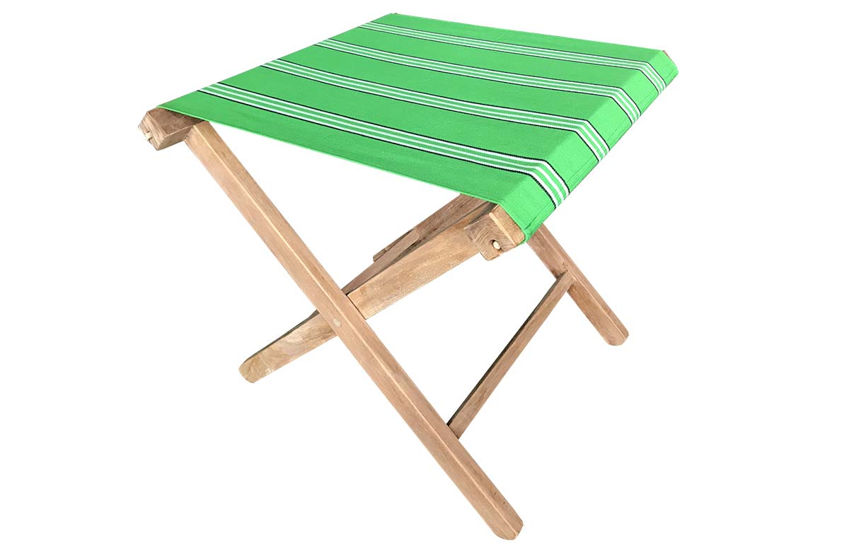 Teak Folding Stool with bright emerald green striped seat 