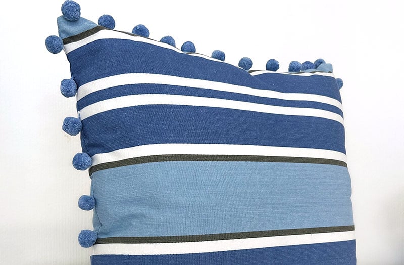 Pale Blue, Royal Blue, Grey Striped Pompom Cushions The Stripes