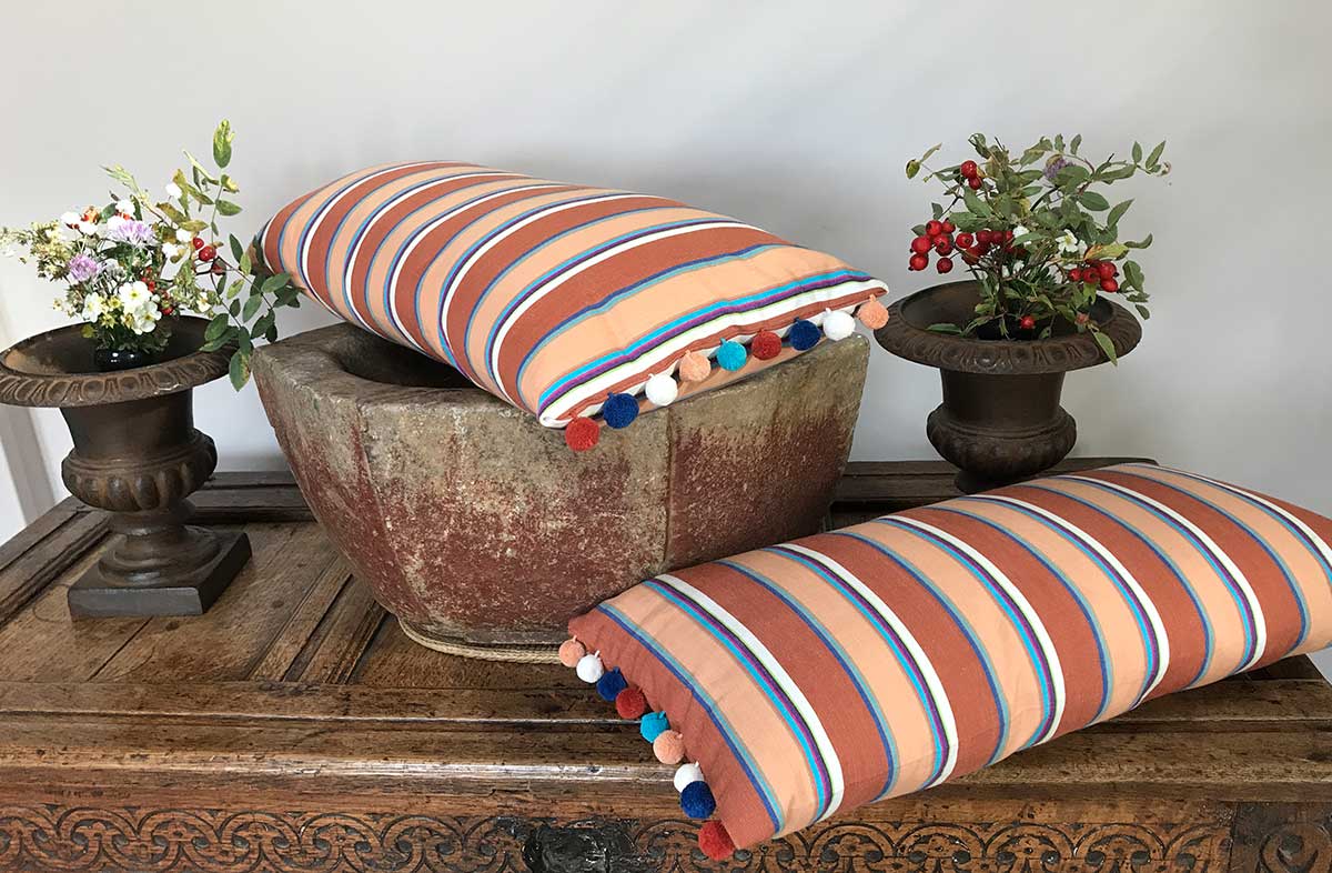 Striped Oblong Cushions with Bobble Fringe  chestnut, peach, off white   