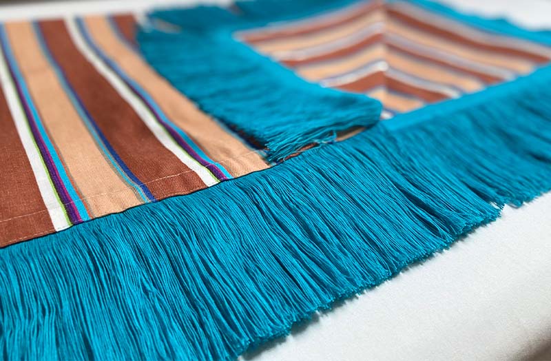 Reversible Aqua Velvet Fringed Throw with Chestnut, Turquoise Stripe Cotton on Reverse