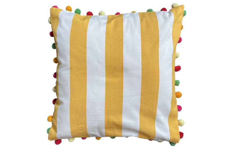 Yellow and White Striped Pompom Cushions 50x50cm
