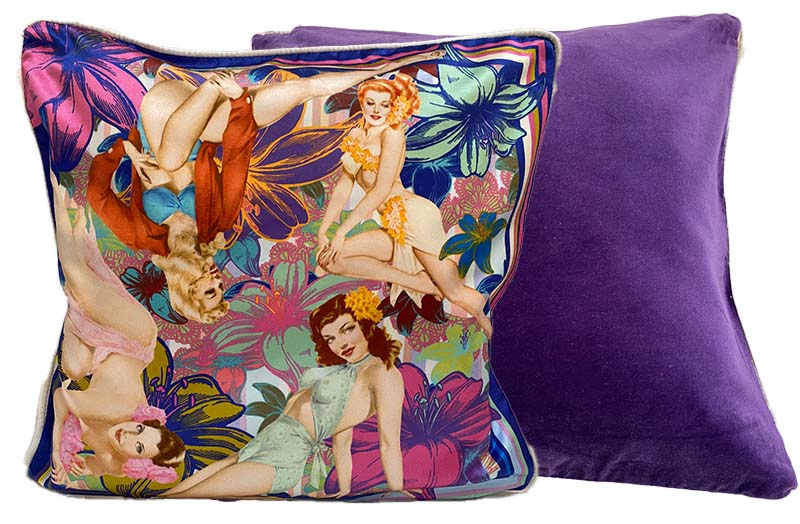 Silk and Purple Velvet Cushion with Vintage Pin Up Girls Silk Scarf Design